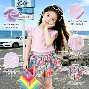 AILEBE Kids Terno Skorts Girls Coordinate Set Flutter Sleeve Top Floral Skort with Ruffled Detail Soft Milk Silk 4-Way Stretch Fabric Breathable Lightweight Summer OOTD Pambahay for Baby Girls 0-7Y Kids Outfit Ternos for Girls