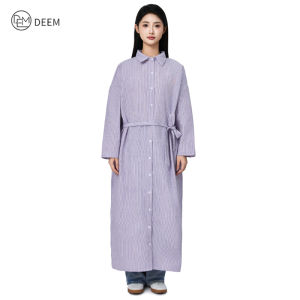 DEEM Womens Striped Dress Casual Long Sleeved Side Pocket Tied Cardigan Half Body Skirt Perempuan Lengan Panjang Baju