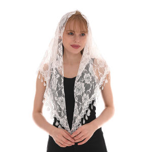 [fenggongshuode] New Four Seasons Jacquard Rose Lace Triangle Veil Scarf Polyester Shawls For Women Muslim Church Prayer Wedding Shawls Headband