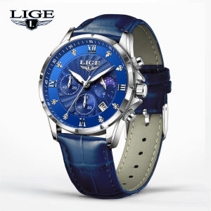 LIGE Watch for Mens Original Fashion Leather Strap Waterproof Chronograph Sports Top Brand Luxury Quartz+Box