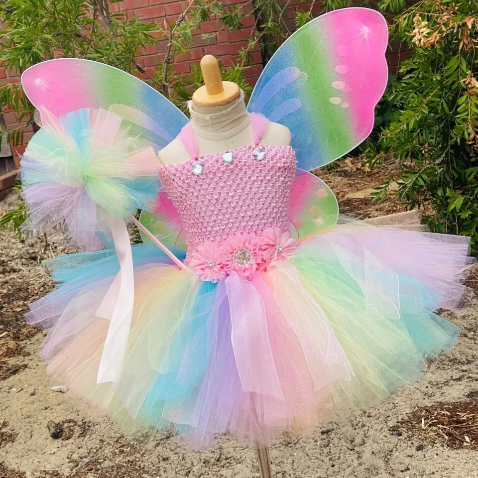 Girls Pastel Butterfly Fairy Dress Kids Flower Tutu Dresses With Wing And  Stick Hairbow Outfit Children Birthday Party Costumes | Lazada PH