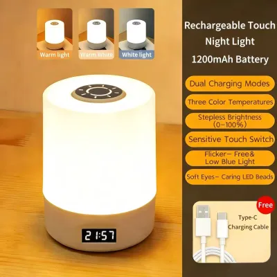 Touch Night Light LED Dimmable 3 Color USB Rechargeable Bedside Lamp with/Without Clock