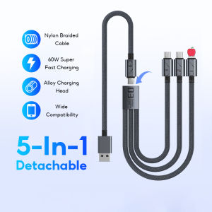 5 in 1 Fast Charging Cable Type C/ Android/ iPhone/ Micro USB Cable Charging Cord Charging Cable 60W Cable Super Fast Charge Micro USB Cablefor Android iPhone