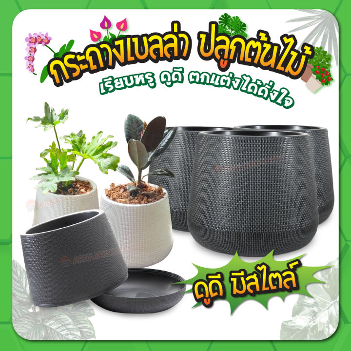 กระถางต้นไม้เบลล่า 2 ชั้น มีถาดรองในตัว สีขาว