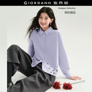Giordano Women Petal-cutout hem long sleeve cotton shirt Free Shipping 18346623