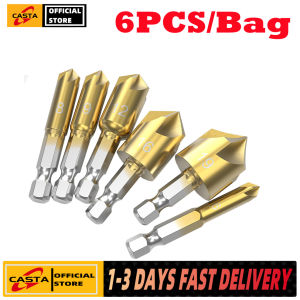 【COD + local seller】6 Pcs Countersink Drill Bit Set 1/4 Hex Shank HSS 5 Flute Countersink 90 Degree Wood Chamfering Cutter Chamfer 6mm-19mm