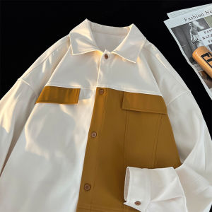 Color Block Shirt Men Spring Autumn Trendy Loose Plus Size Long Sleeve Shirt American Retro Casual Workwear Jacket
