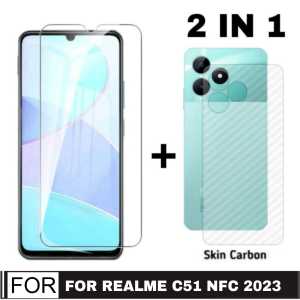 Promo Paket 2 in 1 Tempered Glass Realme C67 4G / Realme 11 4G 2023 / Realme C51 NFC / Realme C53 NFC / Realme Narzo 50i Prime Anti Gores Layar Bening + Garskin Carbon Transparan