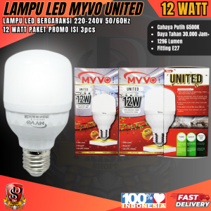 Lampu LED / Bohlam LED 12W Myvo United PAKET ISI 3 PCS / Lampu LED Putih Cahaya Super Terang 12 WATT Myvo United Paket 3pcs