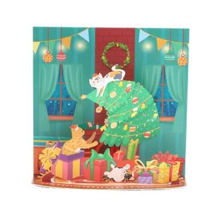 Cat Theme Christmas Up with Envelope 3D Greeting Cards for Winter Holiday Xmas Gift