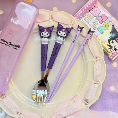 JUDEJUDESTORE 3pcs Kids Stainless Steel Cutlery Set with Case Spoon Fork & Chopsticks Cartoon Themed BPA-Free Eco-Friendly Durable Easy-Grip Utensils for Toddlers