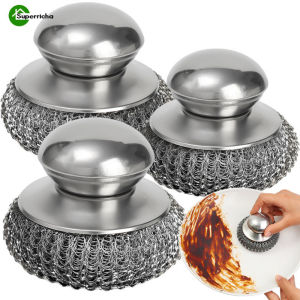 Multifunctional Dishwashing Brush - For Pots Stoves Sinks Range Hoods - Round Handle Steel Wire Balls Pot Brush - Stainless Steel Replaceable Durable - Kitchen Tool