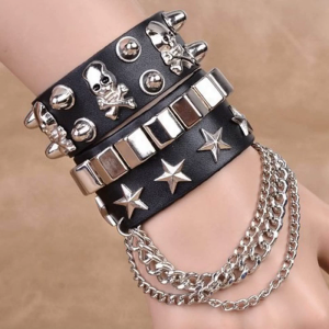 2Pcs Double Layer pu Wristband Bracelet with Skull Rivets Gothic Rock Bracelet for Men Women Couple Streetwear