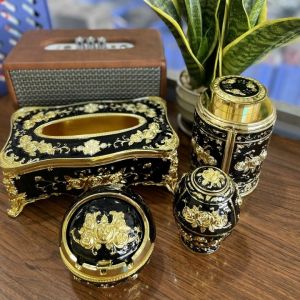 Bộ 4 món  Hộp  giấy Hộp đựng chè Lọ tăm Gạt tàn hợp kim hoạ tiết tân cổ điển