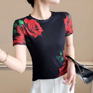 Yimei Áo thun nữ phong cách cổ điển mỏng Áo Hoa định vị in hình sợi cổ tròn thời trang mùa hè 2025 phong cách Châu Âu tay ngắn