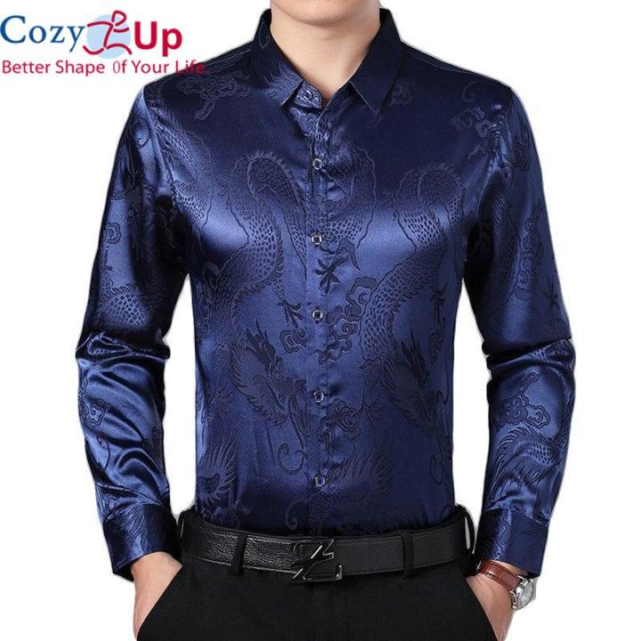 Cozy Up Smooth Silk Satin Shirt Chinese Dragon Jacquard Mens Slim