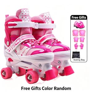 Limited Time Sale! Adjustable Quad Roller Skates Double Row for Kids Teens Adults Free Helmet Pads Set 4 Sizes Breathable Comfort Triple Shock Absorption Front Brake Indoor Outdoor Beginner Skating Shoes