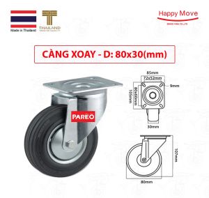 Bánh xe đẩy cao su đen càng xoay - tải trọng 70kg D80100mm. - Happy Move Thái Lan