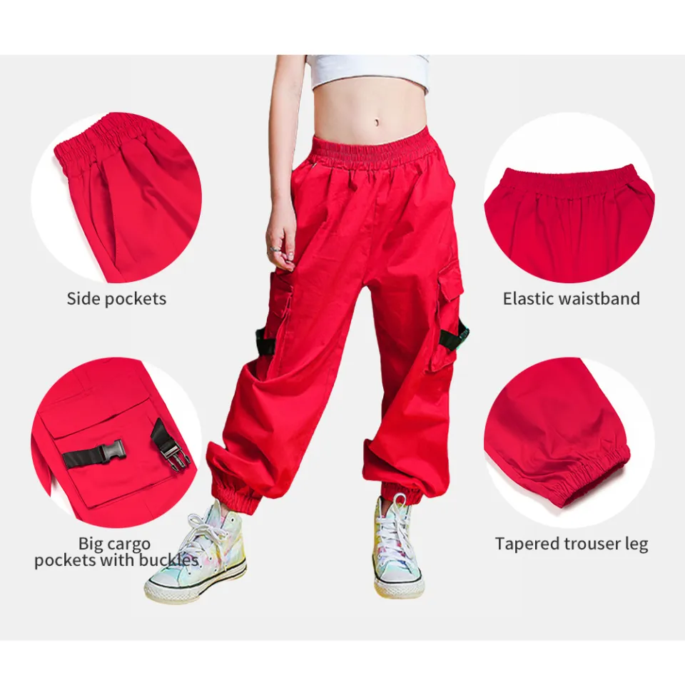 Rolanko Red Pants for Kids Loose Jogger Cargo Trousers Street Hip Hop Dance  Costume Sports Wear Children Casual Clothing Bottoms 6-14 Years