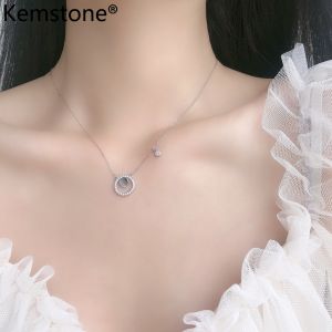 Kemstone 925 Sterling Silver Plated Crystal Circle Pendant Necklace Female Womens Jewelry Gift