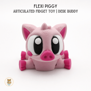 Flexi Piggy Articulated Fidget Toy Desk Buddy. Pink pig with large eyes movable limbs and textured surface. Suitable for desk use.