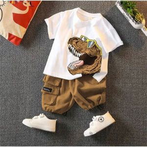 SETELAN CELANA JEANS ANAK LAKI DAN PEREMPUAN  KATUN LENGAN PENDEK MOTIF DINO BIRU USIA 1-5 TAHUN