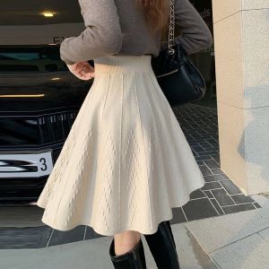 French Style Sweet Autumn Womens Solid Shirring Elastic High Waist Korean Fashion Office Lady Slim Knittd A-line Pleated Skirt2026