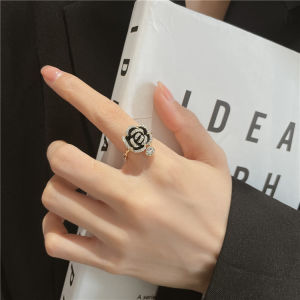 Mysterious Black Rose Shaped Metal Opening Rings For Woman Luxury Set Accessories For Korean Fashion Jewelry Party Girls