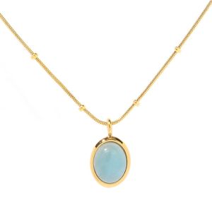 BESFOME 18K Gold Blue Stone Aquamarine Pendant Necklace Choker for Woman 316L Stainless Steel Jewelry
