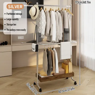 JIN SHENG Double-layered clothes rackwith wooden base movable clothes rackwith wheels bedroom clothes storagerack