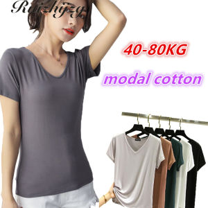 Ruizhijzg Cotton Modal T-Shirt V Cổ Phụ Nữ Phụ Nữ Mỏng Nữ Cộng Với Kích Thước Mới Của Hàn Quốc Phong Cách 2022 Màu Đen Hồng Trắng Cà Phê Đồng Bằng Màu Ngắn Tay Hàng Đầu