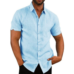 Mens Cotton Linen Short-Sleeved Shirts Summer Solid Color Turn-down collar Casual Beach Style Plus Size