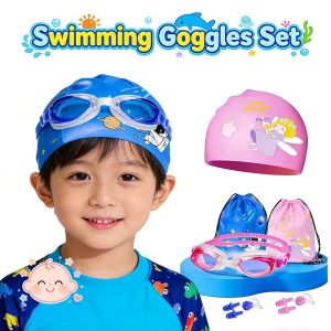 5Pcs Kids Swimming Goggles Set Cartoon Swim Cap Waterproof Anti Fog For Boys Girls