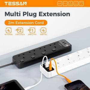 TESSAN Individual Swtich Extension Cord Multi Plug Power Strip Extension Plug with USB Type C Adapter Socket