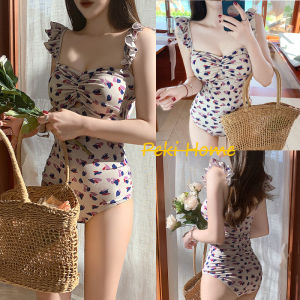 Kiddy Crew ins ชุดว่ายน้ำวันพีชสไตล์เกาหลี  ลายดอกไม้วินเทจ สายเอี๊ยมเซ็กซี่ สลิม สปา วันหยุด ชุดว่ายน้ำ