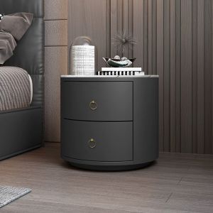 Bedside Table Round Leather Bedside Table Light Luxury Minimalist Modern Rock Panel Tempered Glass Storage Cabinet
