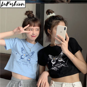 Crop Tops for Women Korean Style Summer Slim Print Short Sleeve Casual T-Shirts