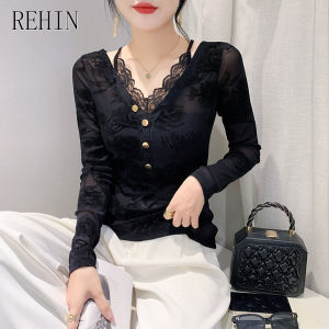 REHIN Lace Patchwork Mesh V-Neck Long Sleeve T-shirt – Autumn Korean Style Slim Fit Inner Wear Blouse for Women Top (M-3XL)
