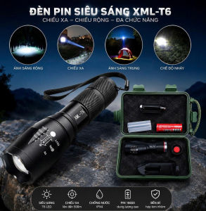 Đèn Pin XML-T6 Zoom Chiếu Sáng Linh Hoạt – Pin 18650 Thân Hợp Kim Nhôm Kèm Sạc Hộp Đựng Dã Ngoại