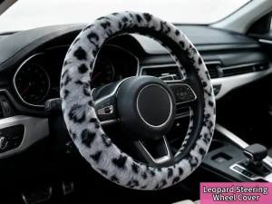 Blue Leopard Steering Wheel Cover with Fluffy Keychain Fit 14"-15"