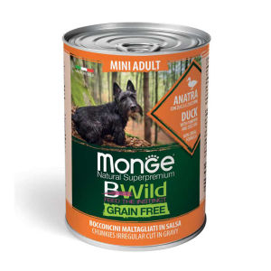 Pate MONGE Bwild cho giống chó nhỏ Grain Free 400gr (Hương vị thịt Vịt Bí đỏ và Bí Xanh)