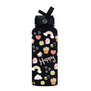 CANICE With Straw 1000ML Tumbler 1L Capacity Printed Design Vacuum Bottle Portable 304 Stainless Steel Drinking Cup Travel Use