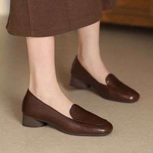Free Shipping Retro Soft Leather Loafers For Women Chunky Heel Slip-On Style Small Leather Shoes 2026 Autumn New Collection Low Heel Shallow Toe Single Shoes