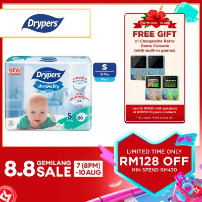 Drypers Wee Wee Dry Baby Tape Diapers NB60/ S80/ M60/ L58/ XL50/ XXL40 (1 Pack) - Super Dry Soft & Fit