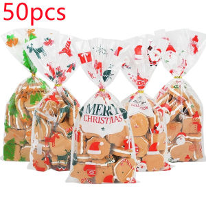 50pcs/pack Santa Claus Christmas Tree Elk PVC Bags Transparent Clear Gift Bag for Christmas Gift Baking Candy Cookie Packaging Bags