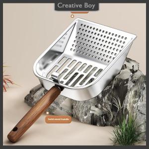 [Creative] Stainless Steel Cat Litter Scoop Long Wooden Handle Pet Waste Shovel Cleaning Tool Long Handled Hollow Shovel Cats Supplies