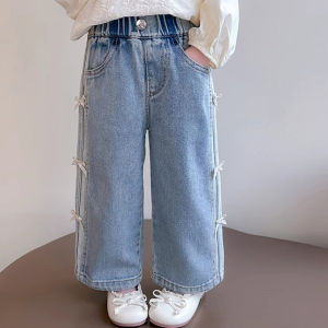 Baby Girls Bow Jeans 2025 Kids Spring Autumn Loose long Pants New Childrens Straight Wide-leg Trousers Toddler Casual Clothing2026