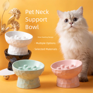 EQUOMT Slanted Mouth Cat Slow Feeder Bowl Anti Tipping Ceramic Pet High Foot Bowl Food Dispenser Stable Elevated Cats Feeder Basin Wet Dry Food