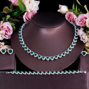 SEQUITO Exquisite Heart Cubic Zirconia Emerald Green Engagement Necklace Earrings Bracelet Ring Wedding Jewelry Set for Women Brides SJ231