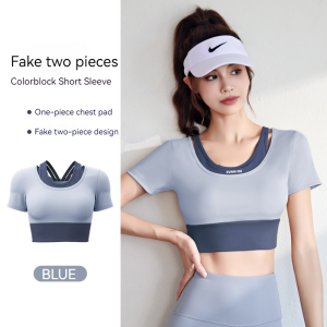 【Ready】Kaos Olahraga Slim Fit Wanita Tank Top Lari Kebugaran Lengan Pendek Dua Potong Palsu Atasan Cepat Kering dengan Bantalan Dada